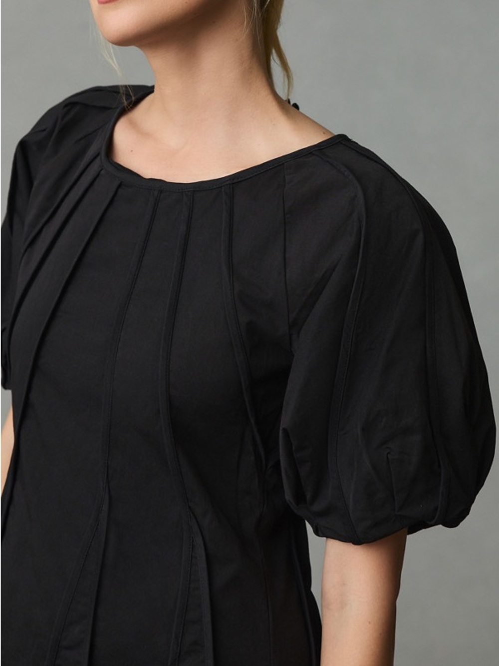 Anthropologie x Aureta Black Puff Sleeve Seamed A-Line Dress - Picture 2 of 12